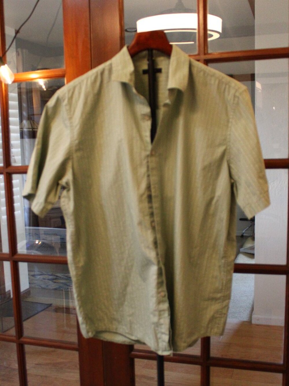 Alfani Men’s L Sage Green Textured Stripe Short Sleeve Button Down NWOT
